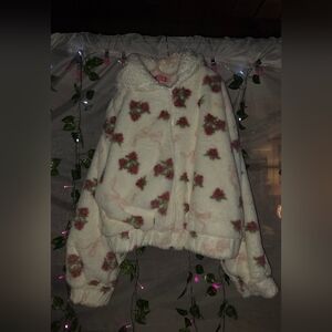 Coco&shay Floral Fleece Zip-Up Bomber.Jacket